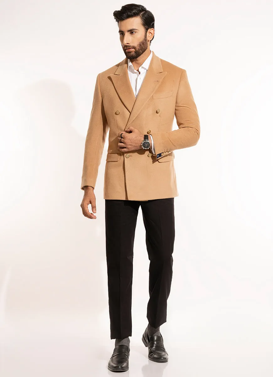 Plain-Camel Brown, Wool Blend Fleece, Double Breasted Blazer