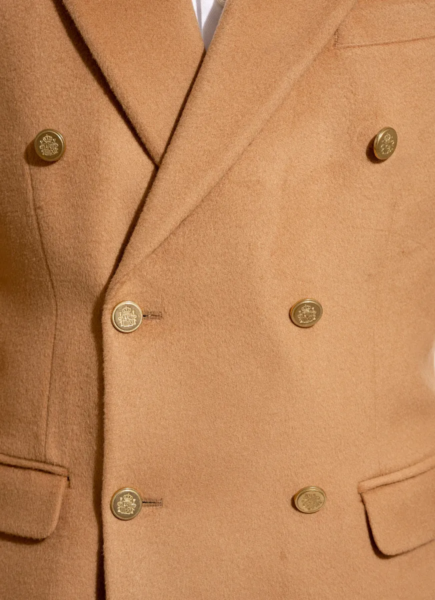 Plain-Camel Brown, Wool Blend Fleece, Double Breasted Blazer