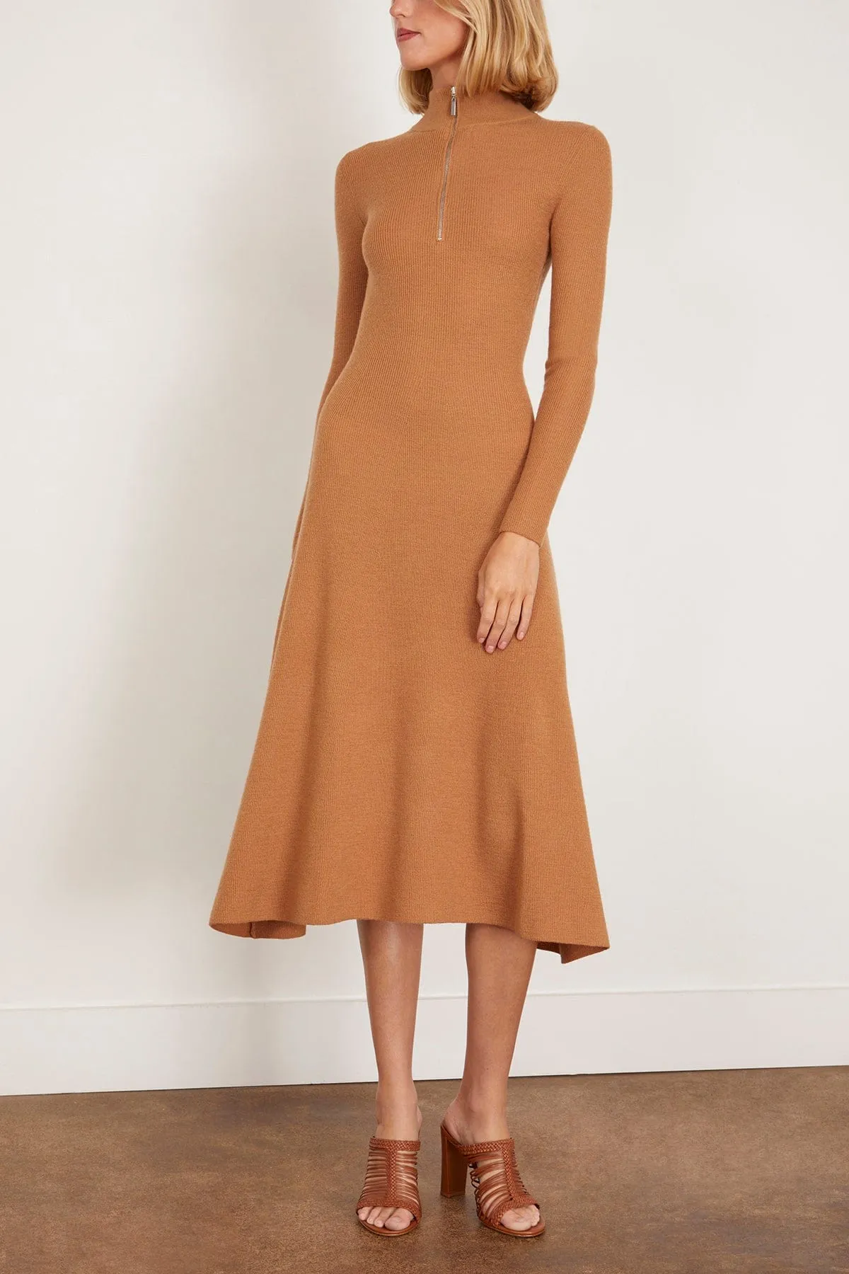 Ribbed Zip Up Turtleneck Dress in Camel