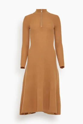 Ribbed Zip Up Turtleneck Dress in Camel