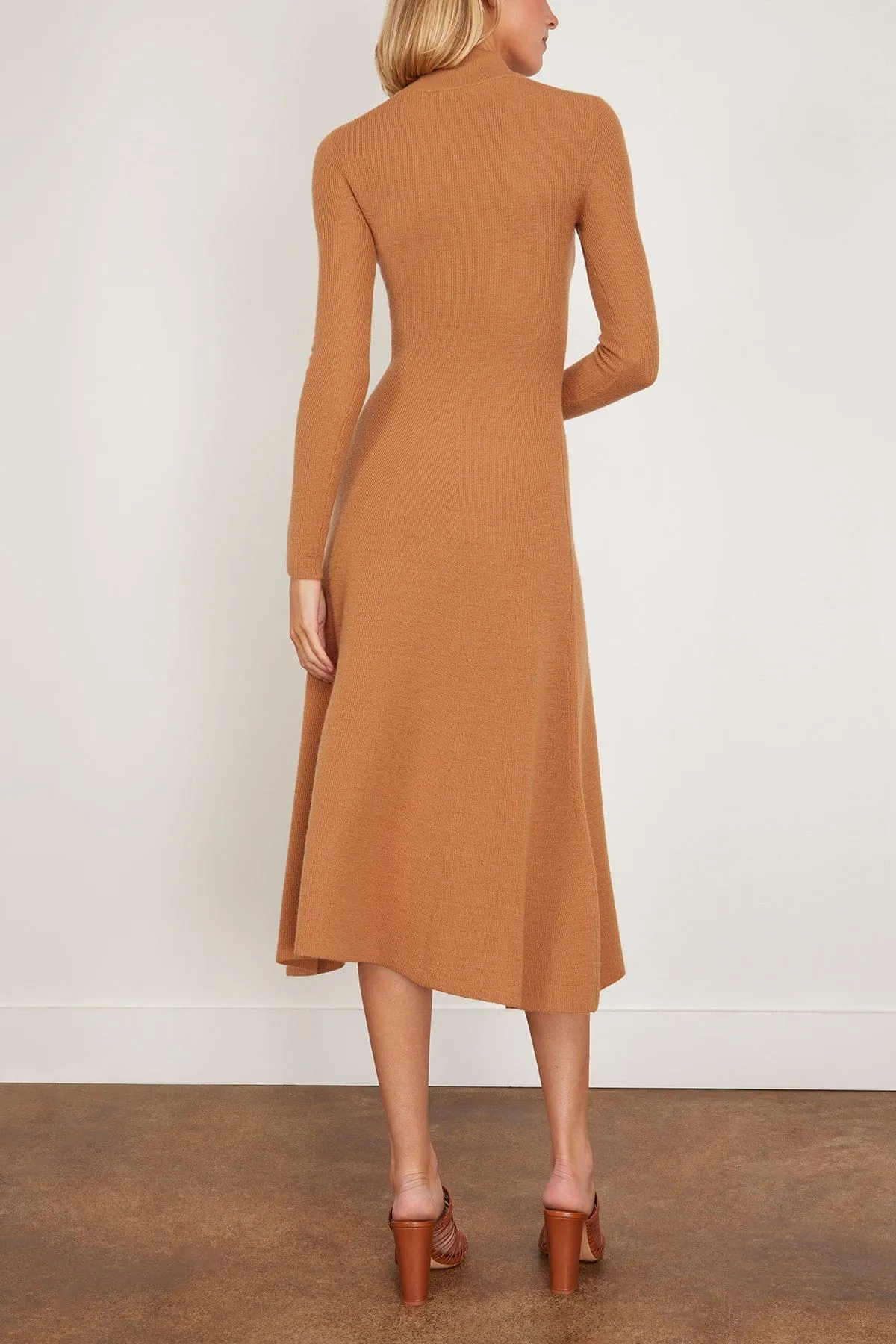 Ribbed Zip Up Turtleneck Dress in Camel