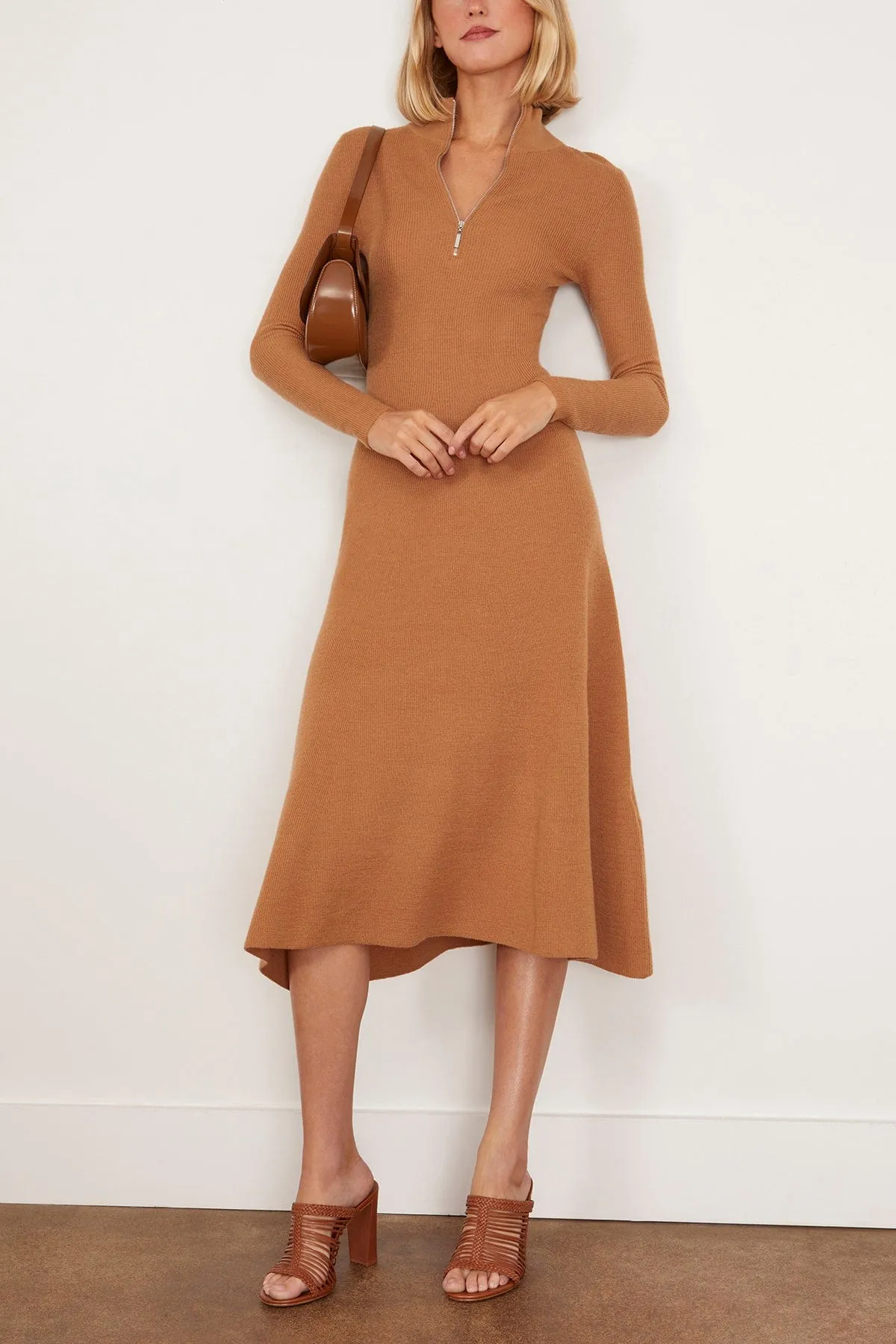 Ribbed Zip Up Turtleneck Dress in Camel