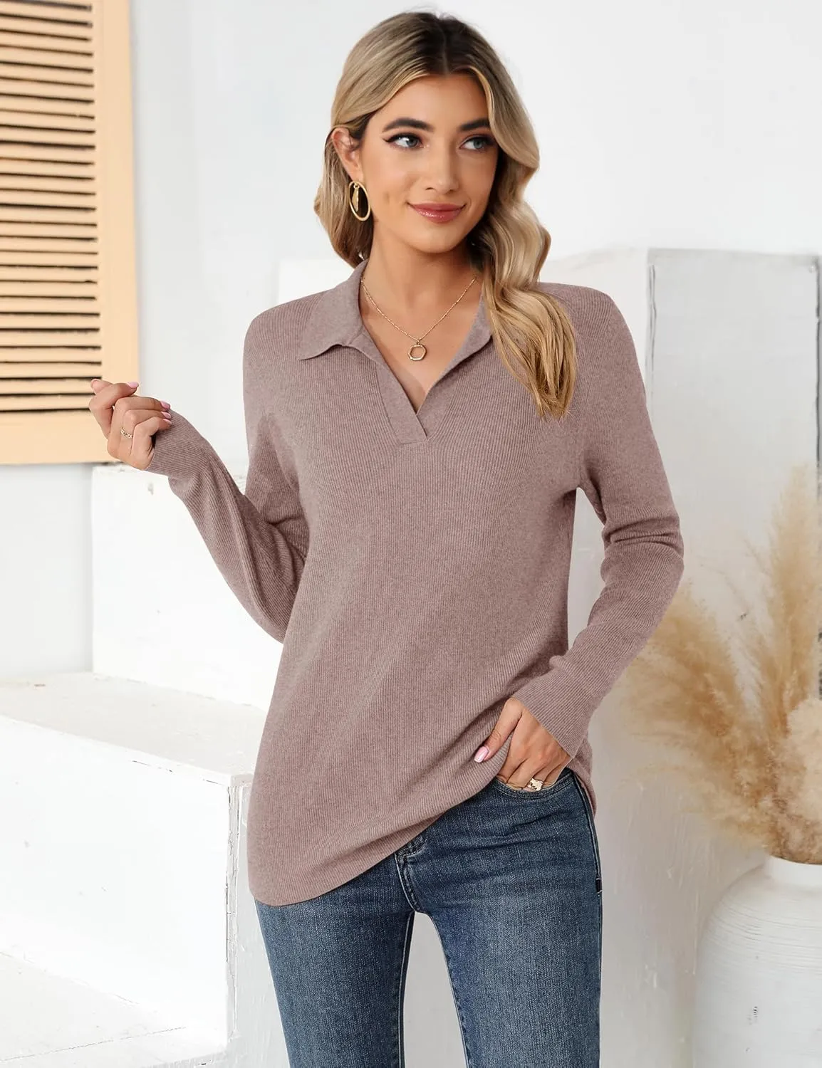 Romanstii Women's Knitted Collared Sweaters Long Sleeve V-Neck Polo Shirts Winter Pullover Tops
