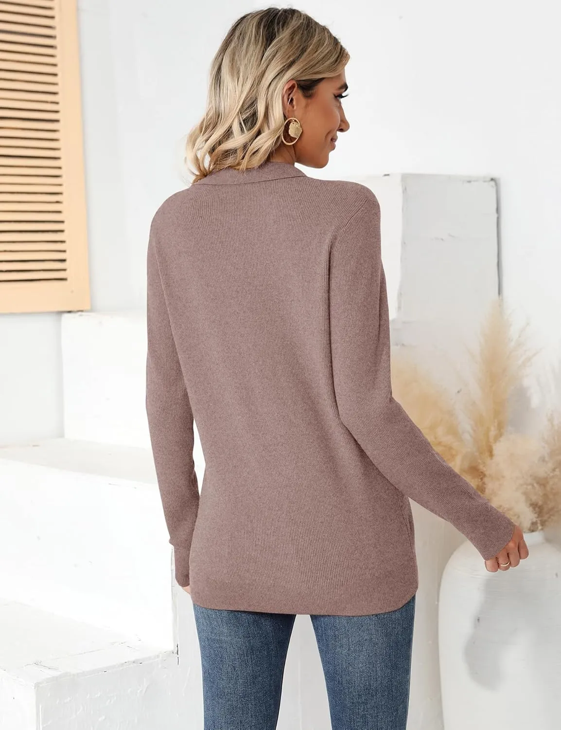 Romanstii Women's Knitted Collared Sweaters Long Sleeve V-Neck Polo Shirts Winter Pullover Tops