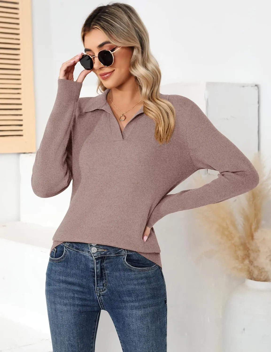 Romanstii Women's Knitted Collared Sweaters Long Sleeve V-Neck Polo Shirts Winter Pullover Tops