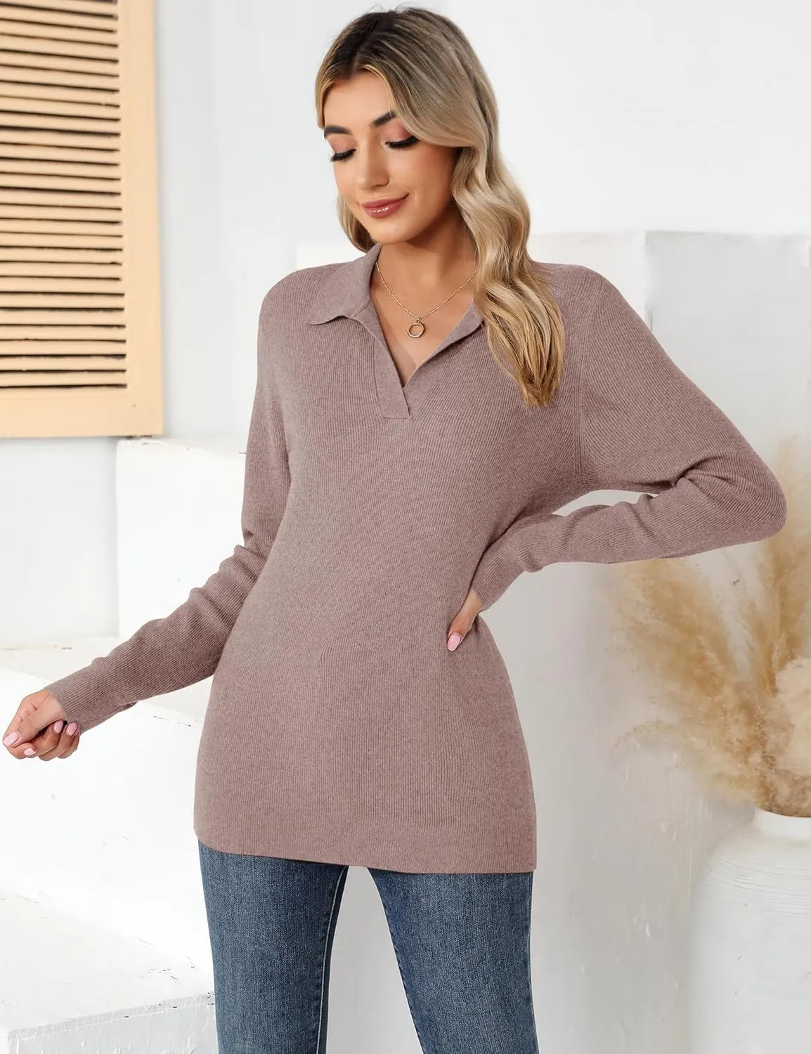 Romanstii Women's Knitted Collared Sweaters Long Sleeve V-Neck Polo Shirts Winter Pullover Tops