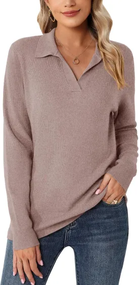 Romanstii Women's Knitted Collared Sweaters Long Sleeve V-Neck Polo Shirts Winter Pullover Tops
