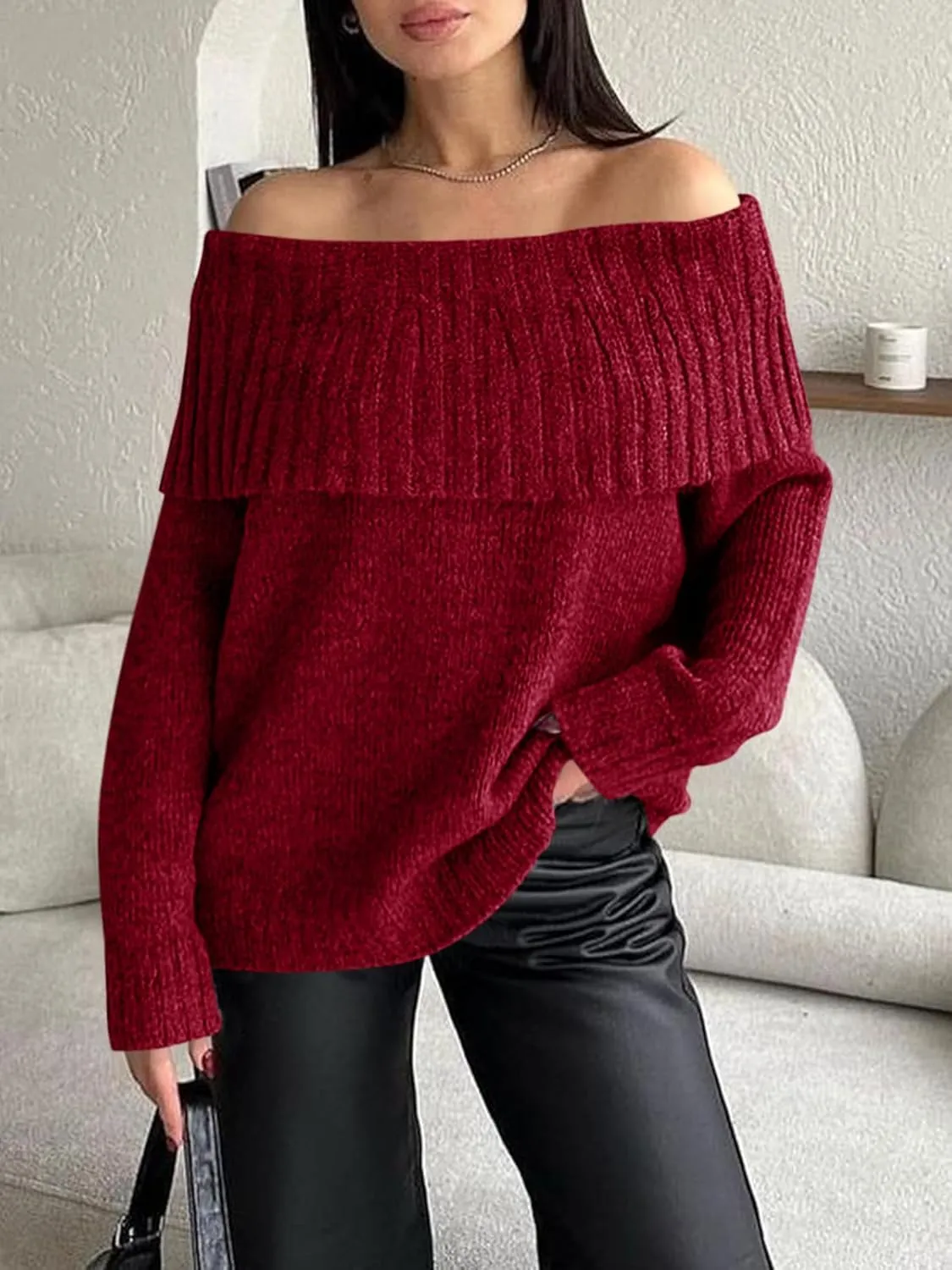 Saodimallsu Womens Off The Shoulder Sweaters Long Sleeve Slouchy Knitted Casual Loose Fall Trendy Pullover Tops