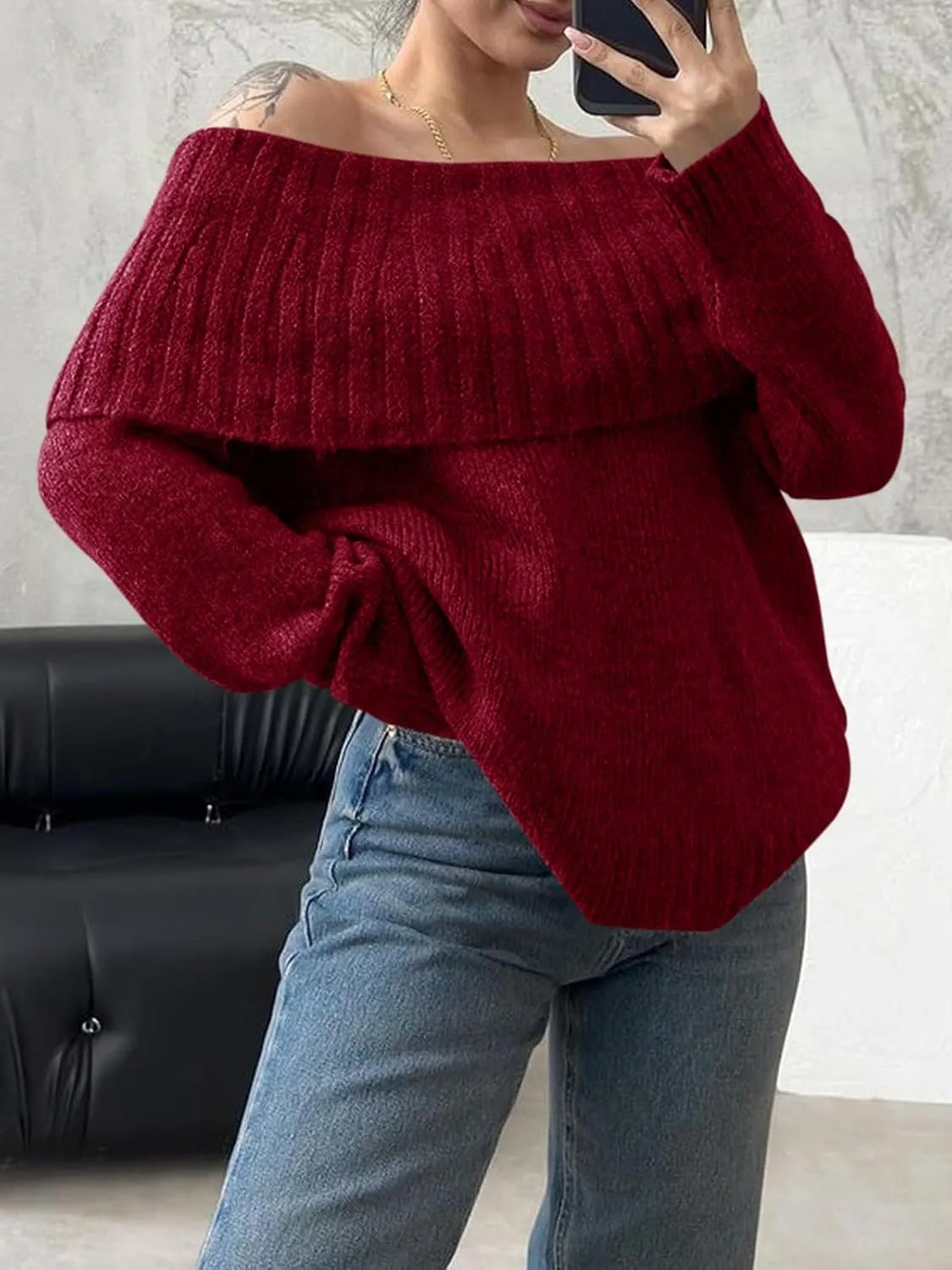 Saodimallsu Womens Off The Shoulder Sweaters Long Sleeve Slouchy Knitted Casual Loose Fall Trendy Pullover Tops