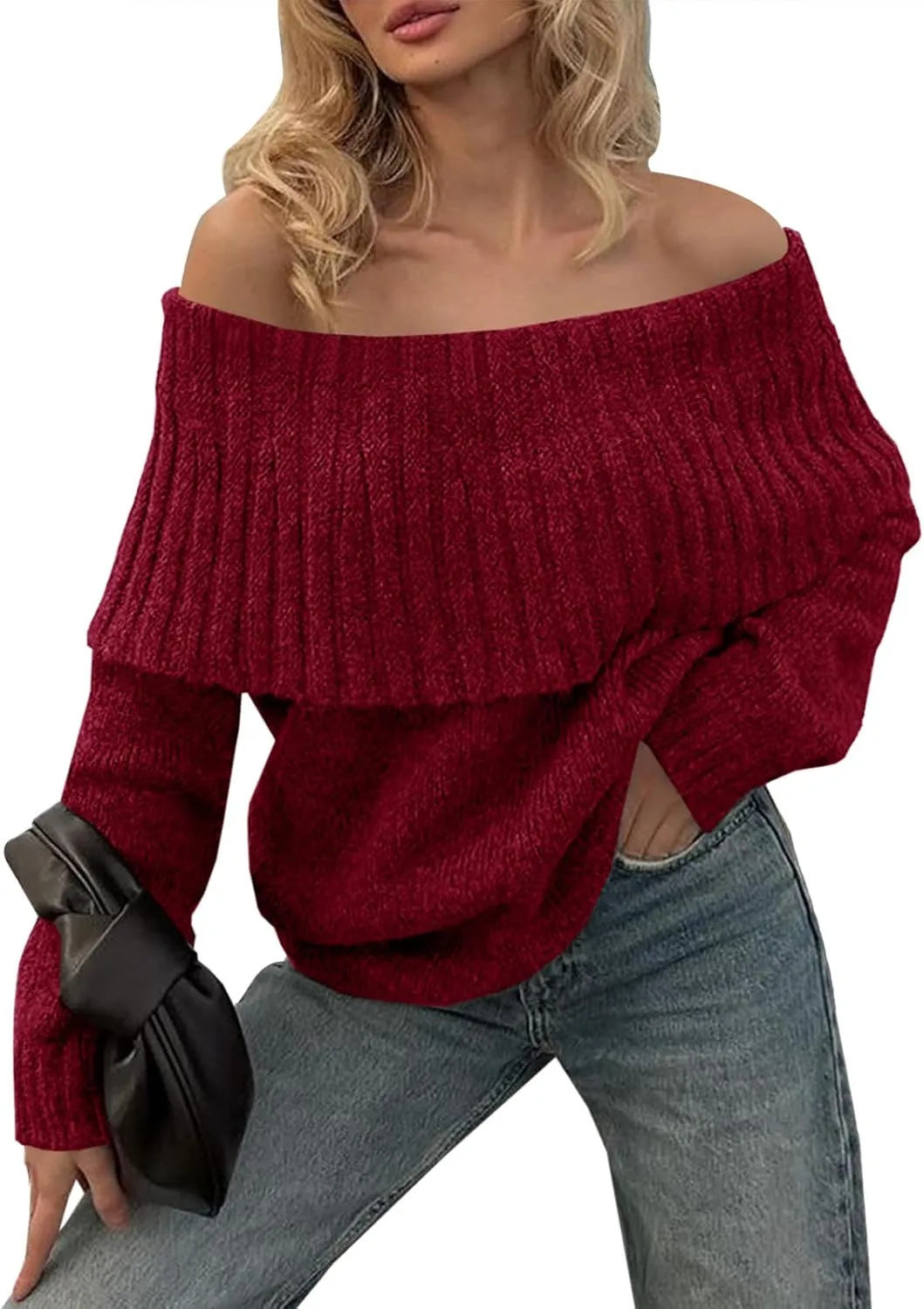 Saodimallsu Womens Off The Shoulder Sweaters Long Sleeve Slouchy Knitted Casual Loose Fall Trendy Pullover Tops