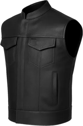 SOA Mens Leather Biker Vest  Club Style Motorcycle Vest w/Concealed Carry Pockets Cowhide Back Front Panels for Patchwork