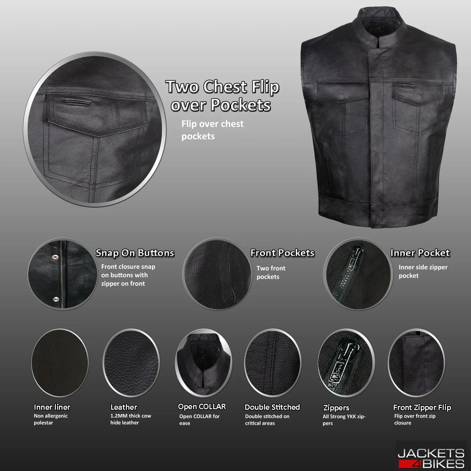 SOA Mens Leather Biker Vest  Club Style Motorcycle Vest w/Concealed Carry Pockets Cowhide Back Front Panels for Patchwork