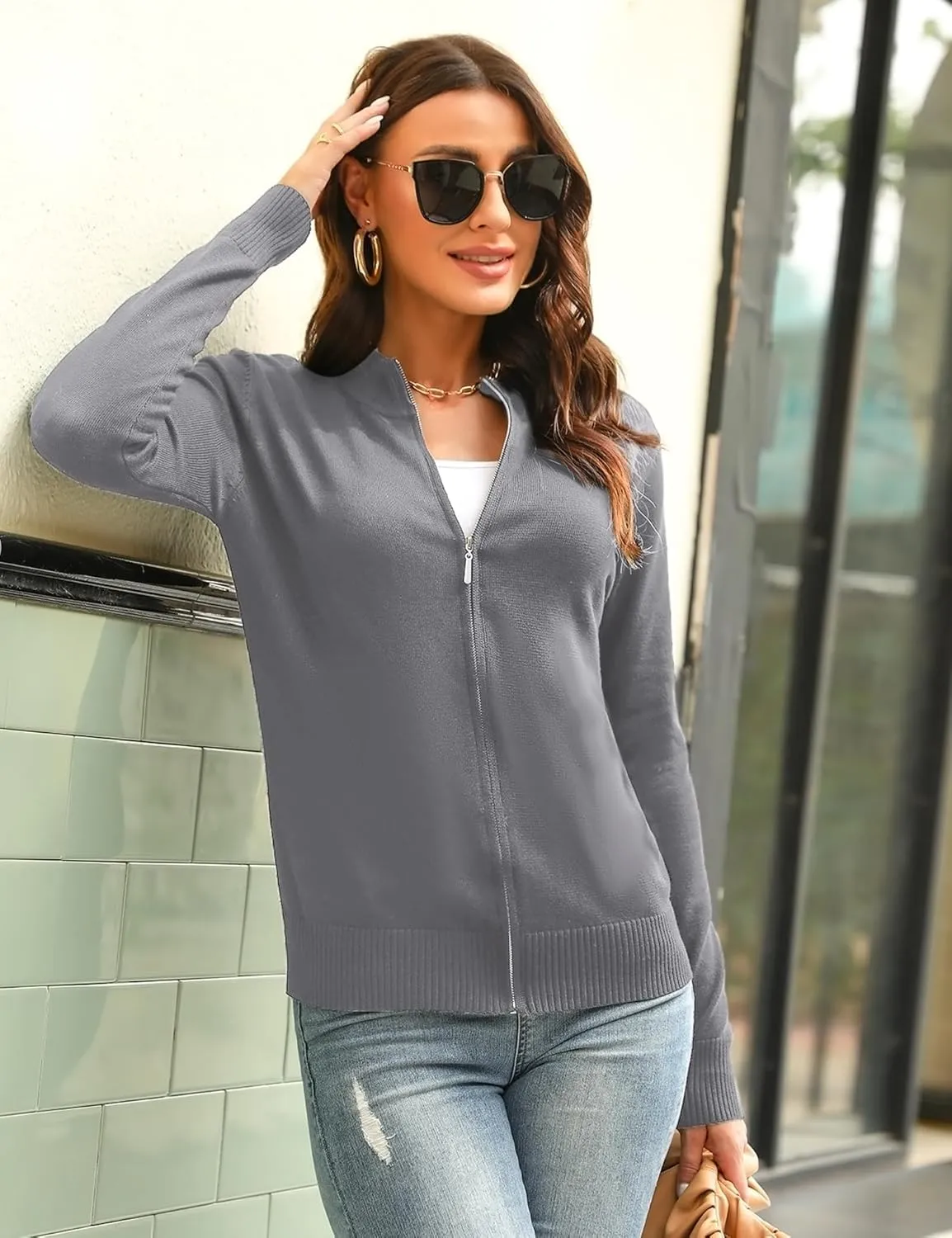 Totatuit Womens Long Sleeve Knitted Zip Up Sweater Cardigans Sweaters Lightweight Zipper Sweatshirts Jacket