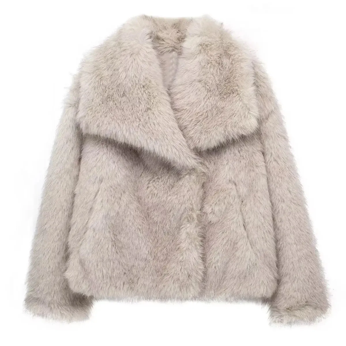 TRAFZA Frauen Winter Mode Warme Plüsch Mantel Damen Casual Drehen-unten Kragen Dicken Mantel Weibliche Tasche Langarm Kurze oberbekleidung