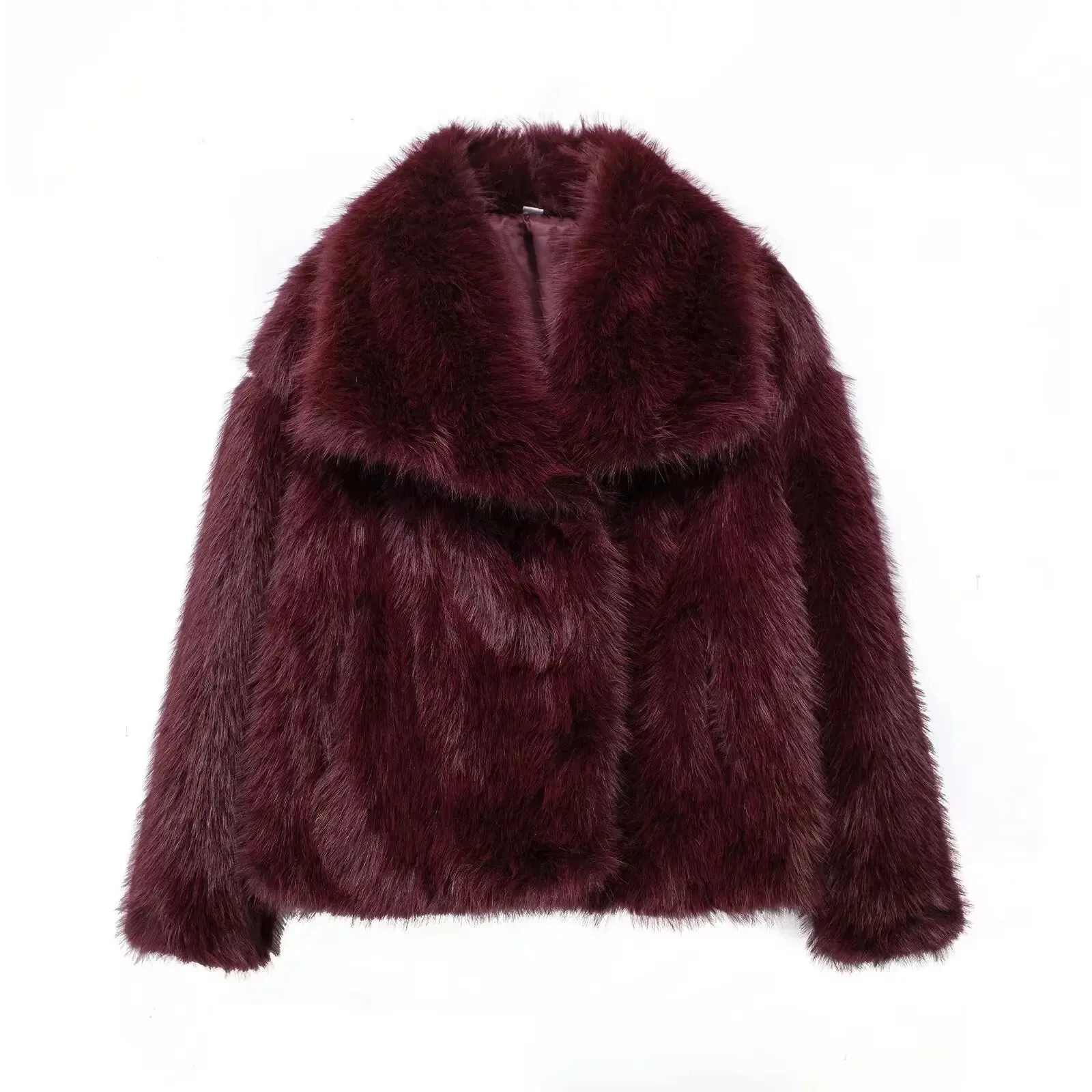 TRAFZA Frauen Winter Mode Warme Plüsch Mantel Damen Casual Drehen-unten Kragen Dicken Mantel Weibliche Tasche Langarm Kurze oberbekleidung