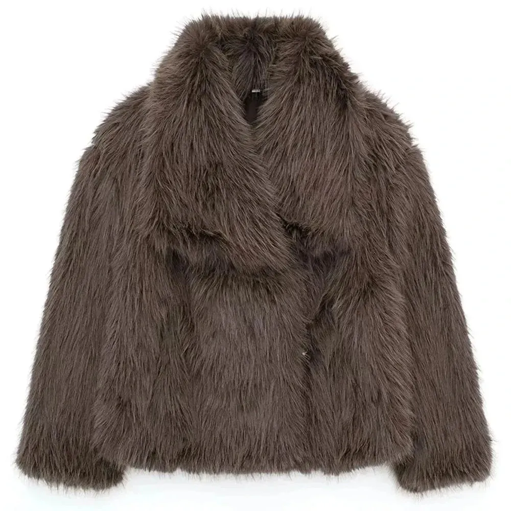 TRAFZA Frauen Winter Mode Warme Plüsch Mantel Damen Casual Drehen-unten Kragen Dicken Mantel Weibliche Tasche Langarm Kurze oberbekleidung