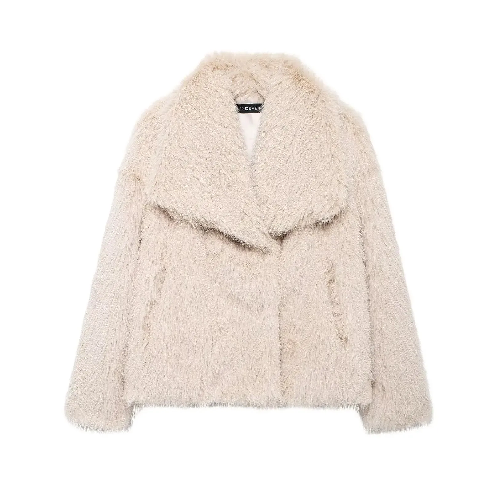 TRAFZA Frauen Winter Mode Warme Plüsch Mantel Damen Casual Drehen-unten Kragen Dicken Mantel Weibliche Tasche Langarm Kurze oberbekleidung