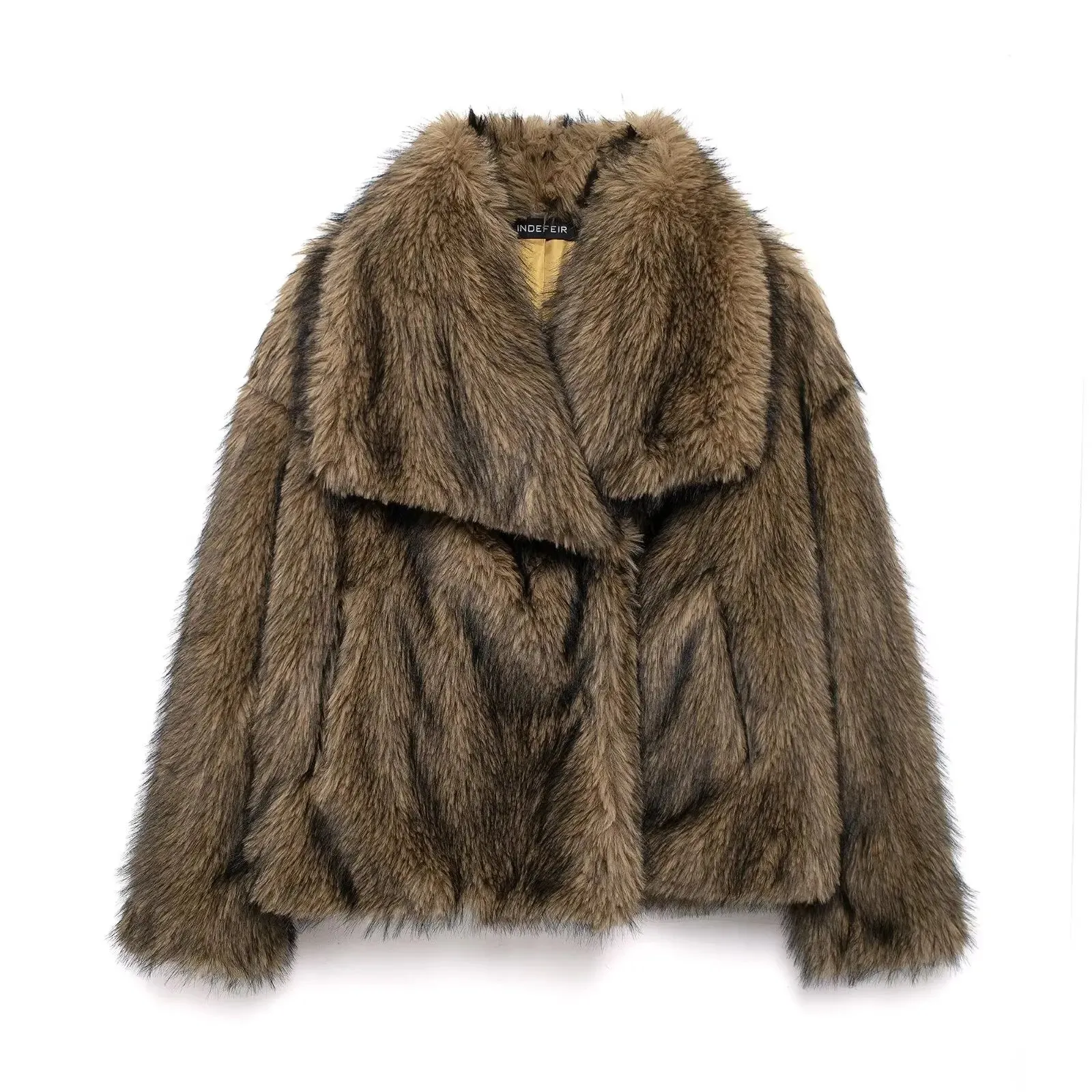 TRAFZA Frauen Winter Mode Warme Plüsch Mantel Damen Casual Drehen-unten Kragen Dicken Mantel Weibliche Tasche Langarm Kurze oberbekleidung