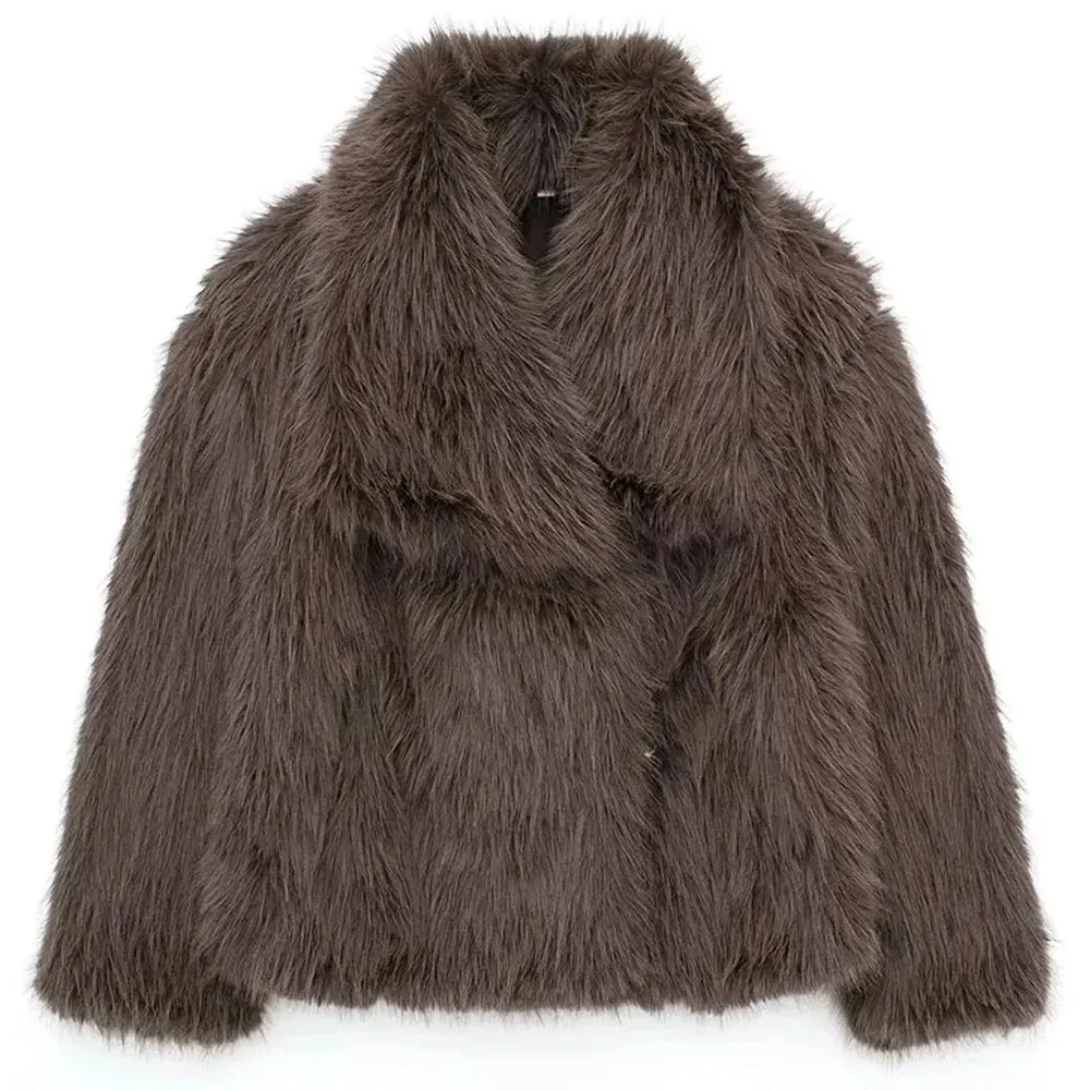 TRAFZA Frauen Winter Mode Warme Plüsch Mantel Damen Casual Drehen-unten Kragen Dicken Mantel Weibliche Tasche Langarm Kurze oberbekleidung