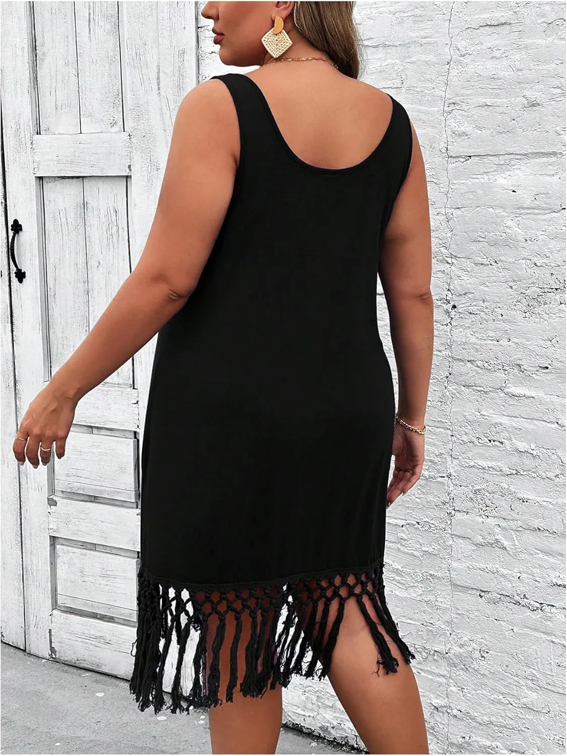 Verdusa Women's Plus Size Knitted Fringe Dress Sleeveless Boho Midi Dresses
