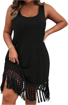 Verdusa Women's Plus Size Knitted Fringe Dress Sleeveless Boho Midi Dresses