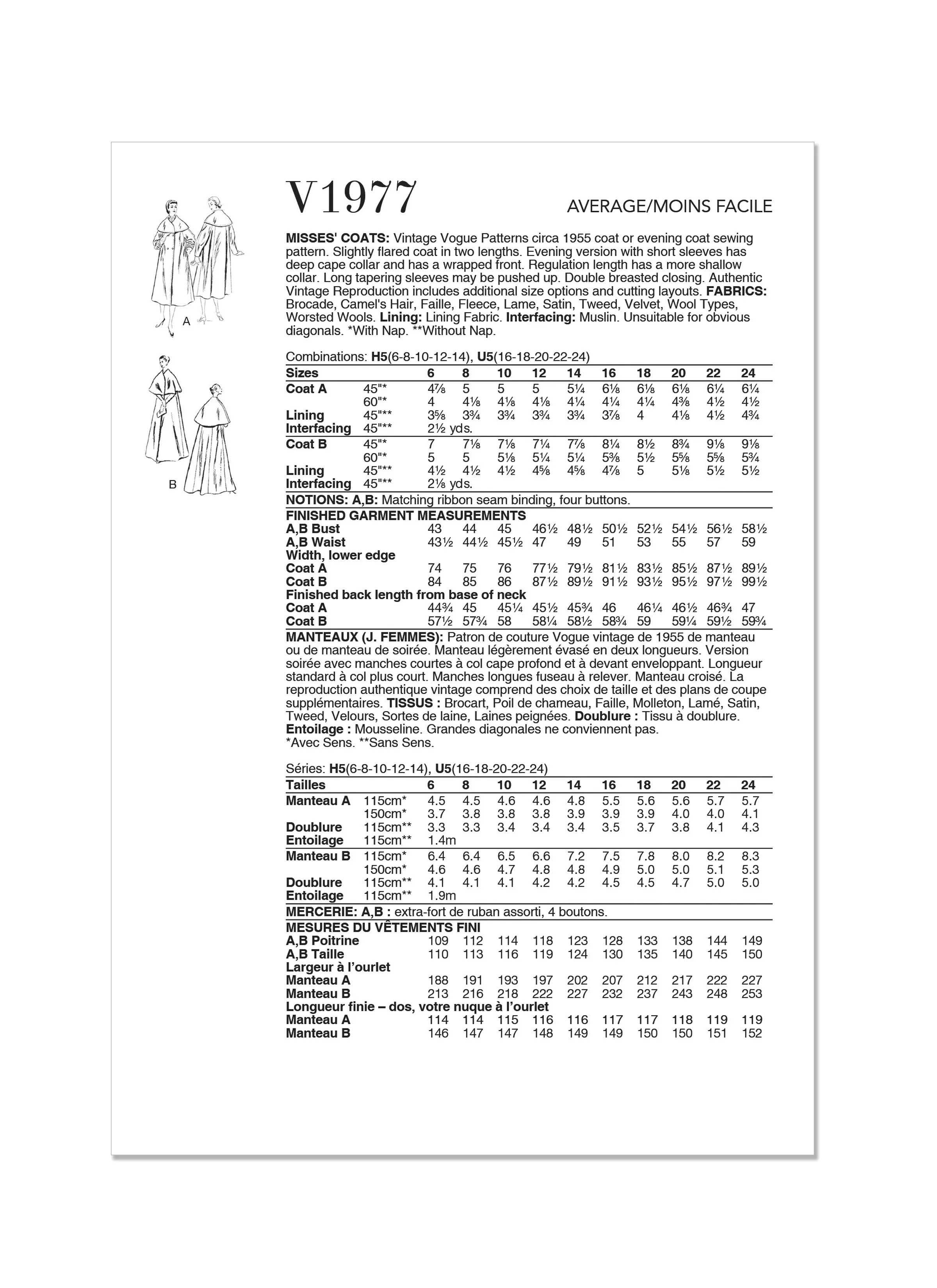 Vogue Sewing Pattern 1977 Misses' Coats