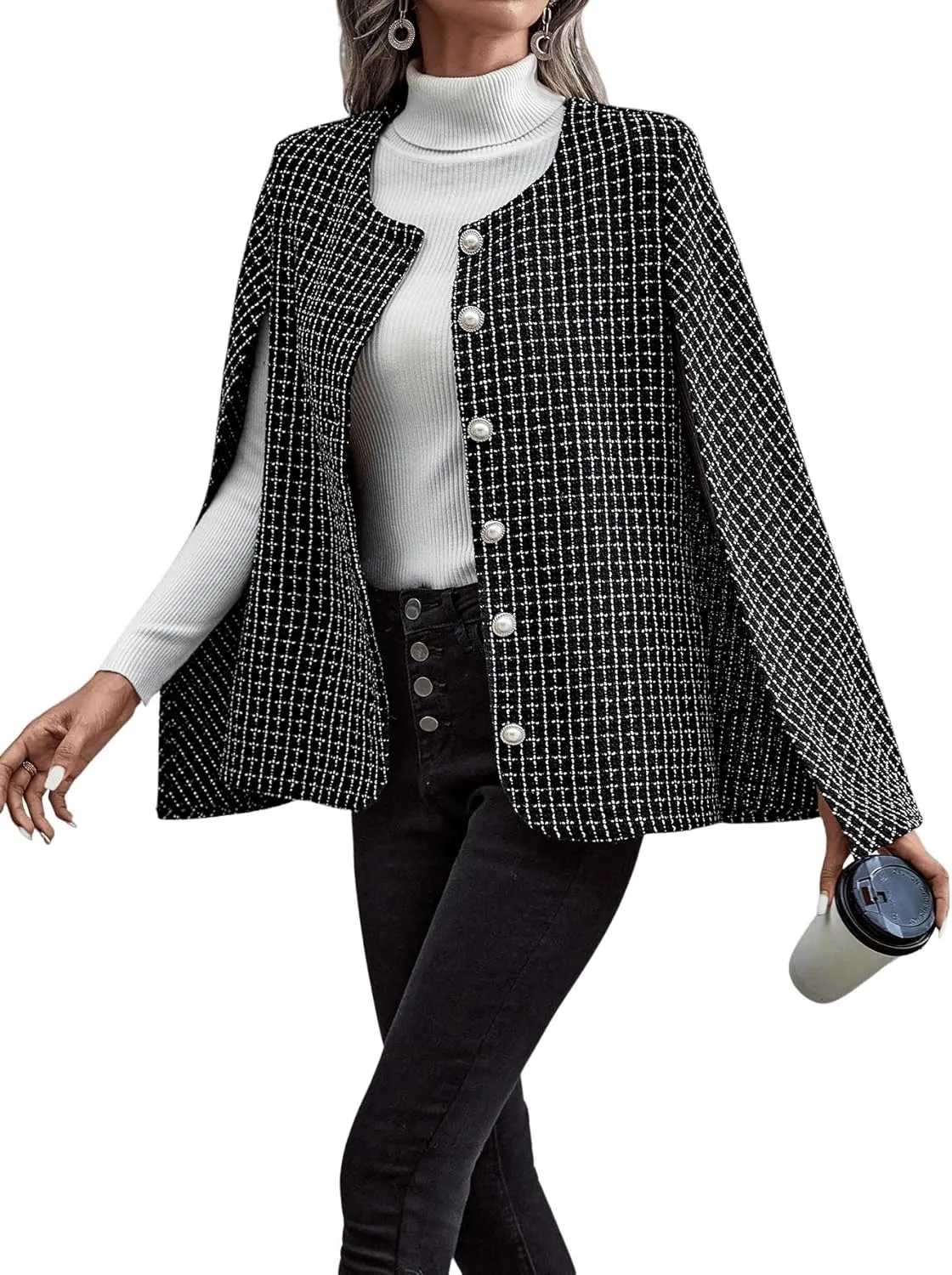 WDIRARA Women's Plaid Print Cloak Sleeve Round Neck Button Front Jacket Blazer Cape Coat