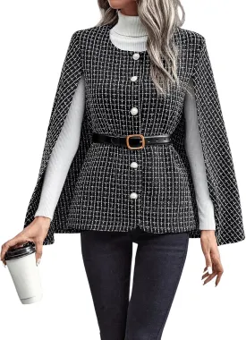 WDIRARA Women's Plaid Print Cloak Sleeve Round Neck Button Front Jacket Blazer Cape Coat