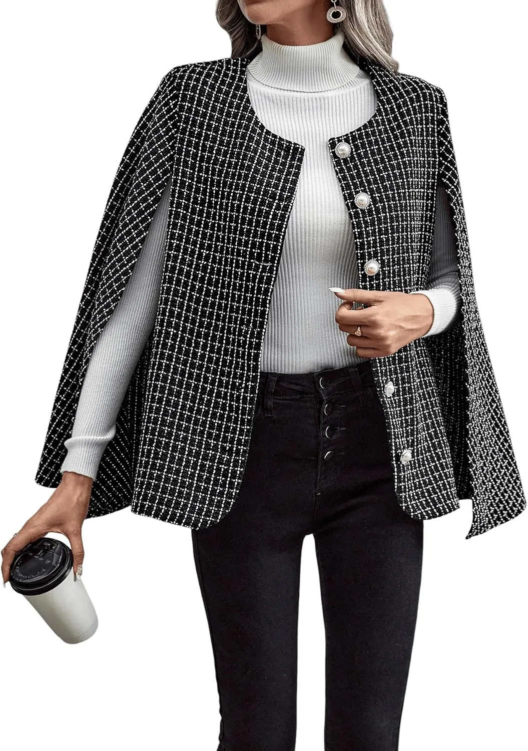 WDIRARA Women's Plaid Print Cloak Sleeve Round Neck Button Front Jacket Blazer Cape Coat