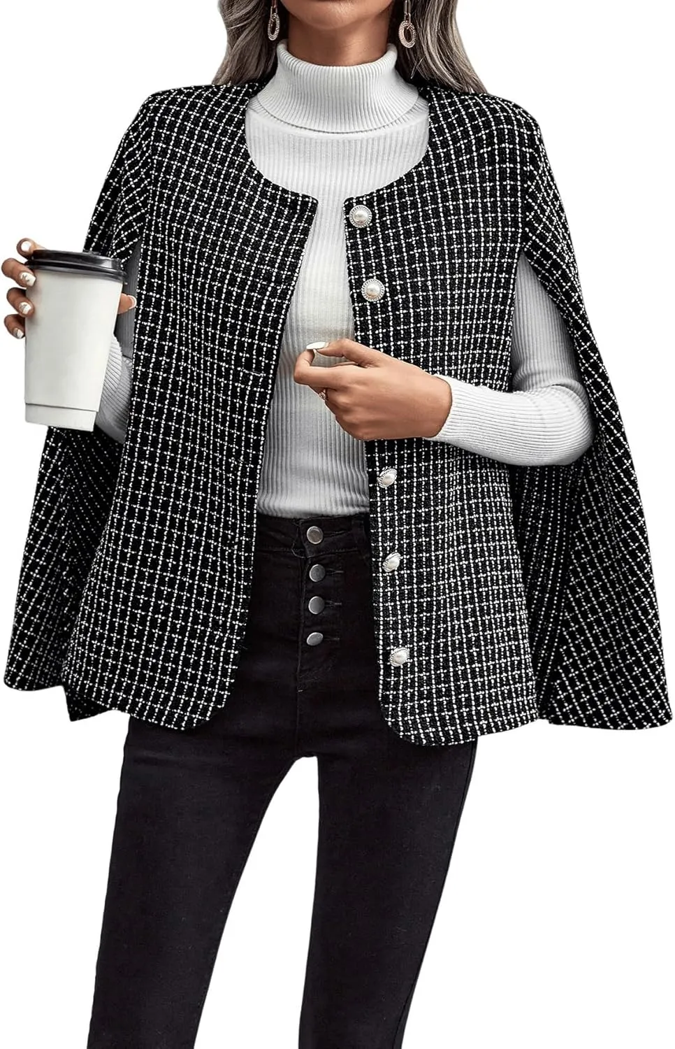WDIRARA Women's Plaid Print Cloak Sleeve Round Neck Button Front Jacket Blazer Cape Coat