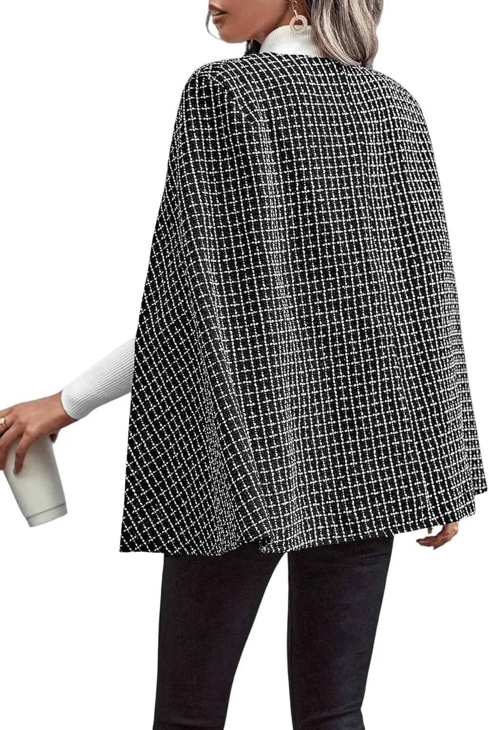 WDIRARA Women's Plaid Print Cloak Sleeve Round Neck Button Front Jacket Blazer Cape Coat