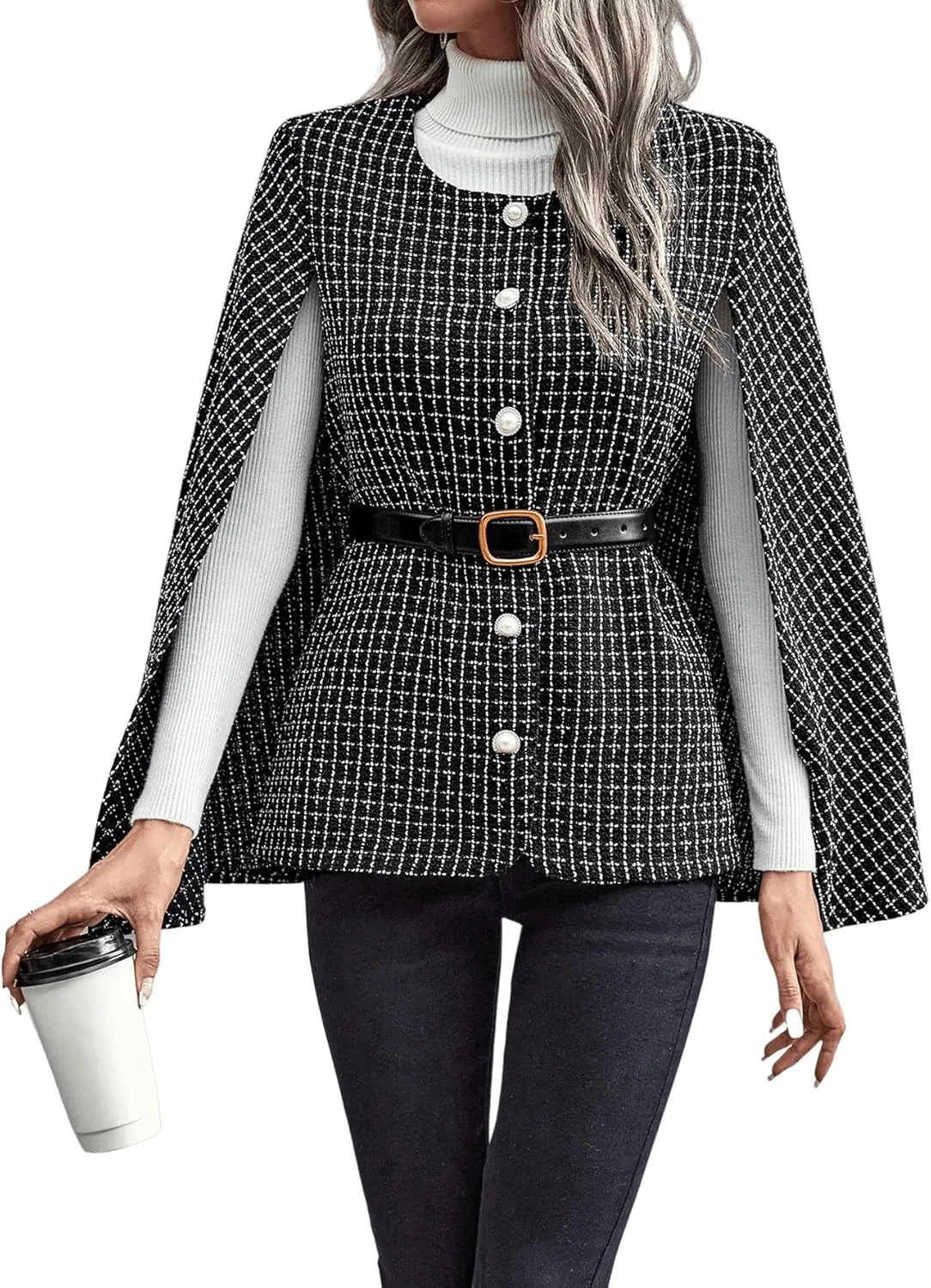 WDIRARA Women's Plaid Print Cloak Sleeve Round Neck Button Front Jacket Blazer Cape Coat