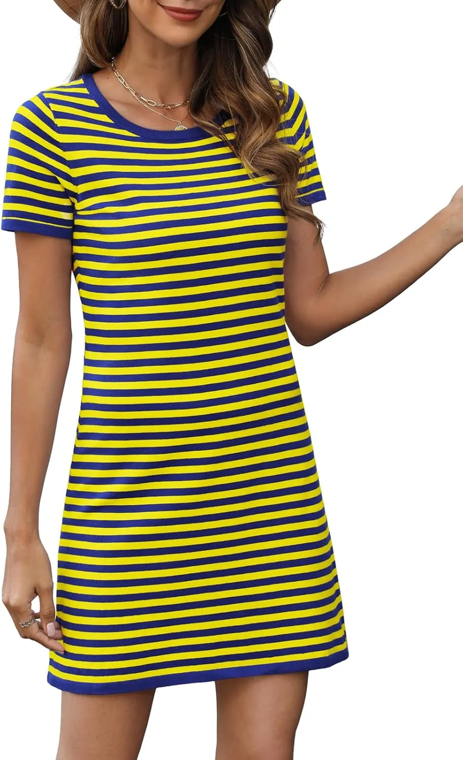 Women's 2025 Spring Summer Striped Sweater Dress Casual Crewneck Short Sleeve Ribbed Knit Bodycon Mini Dresses