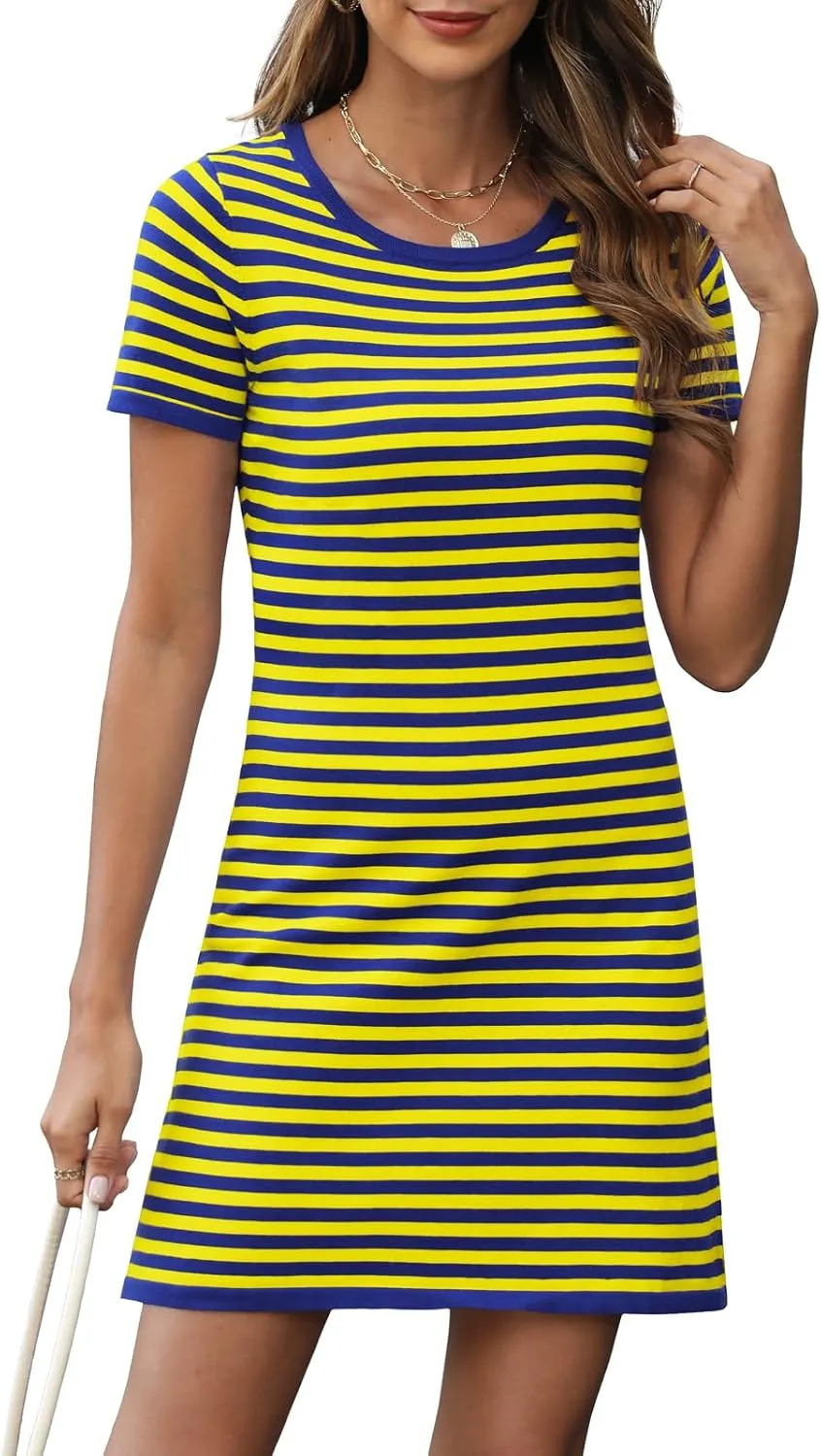 Women's 2025 Spring Summer Striped Sweater Dress Casual Crewneck Short Sleeve Ribbed Knit Bodycon Mini Dresses