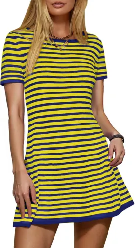 Women's 2025 Spring Summer Striped Sweater Dress Casual Crewneck Short Sleeve Ribbed Knit Bodycon Mini Dresses