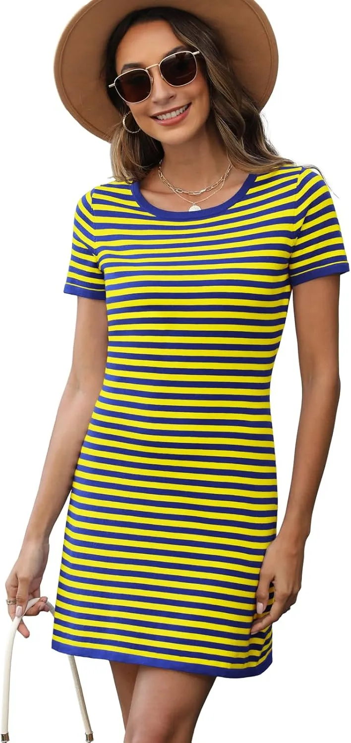 Women's 2025 Spring Summer Striped Sweater Dress Casual Crewneck Short Sleeve Ribbed Knit Bodycon Mini Dresses