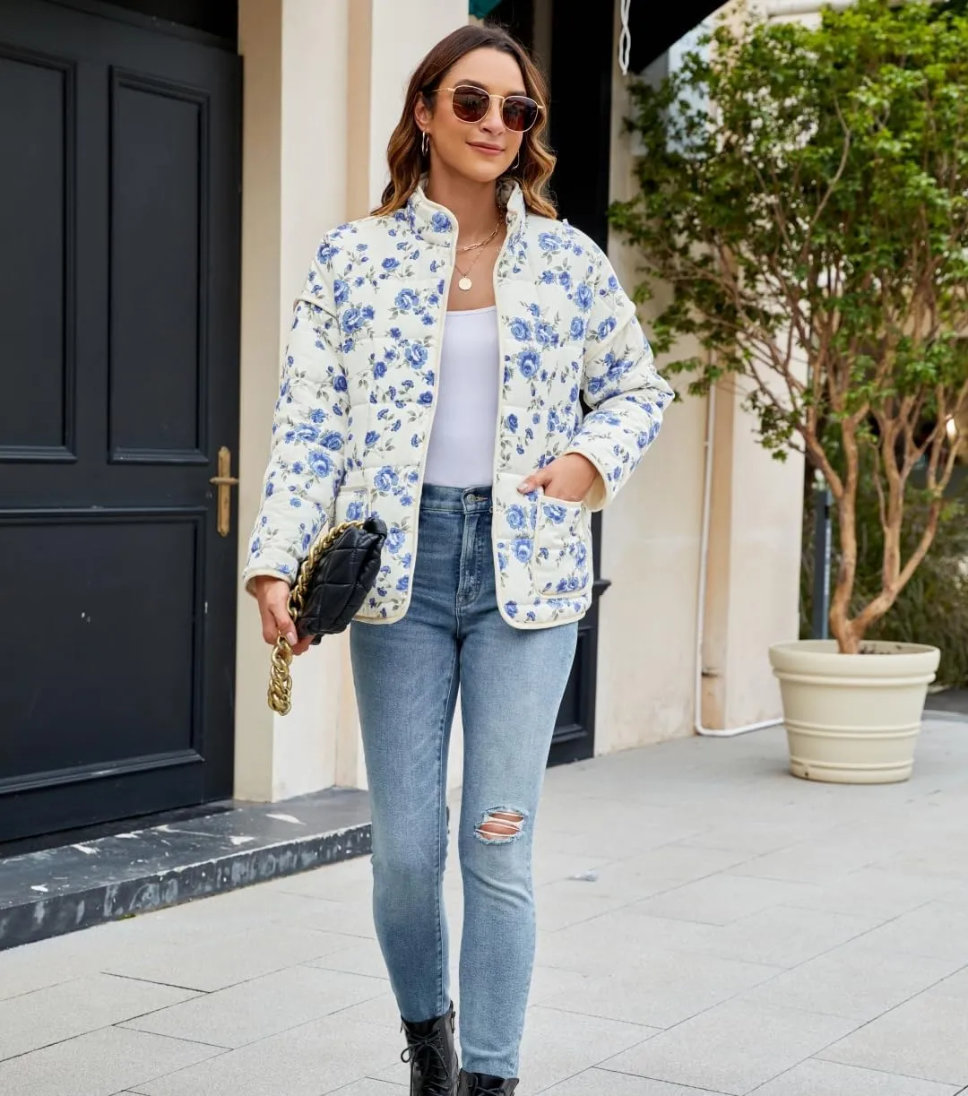 Women's Cropped Floral Quilted Jacket Lightweight Open Front Padded Puffer Coat
