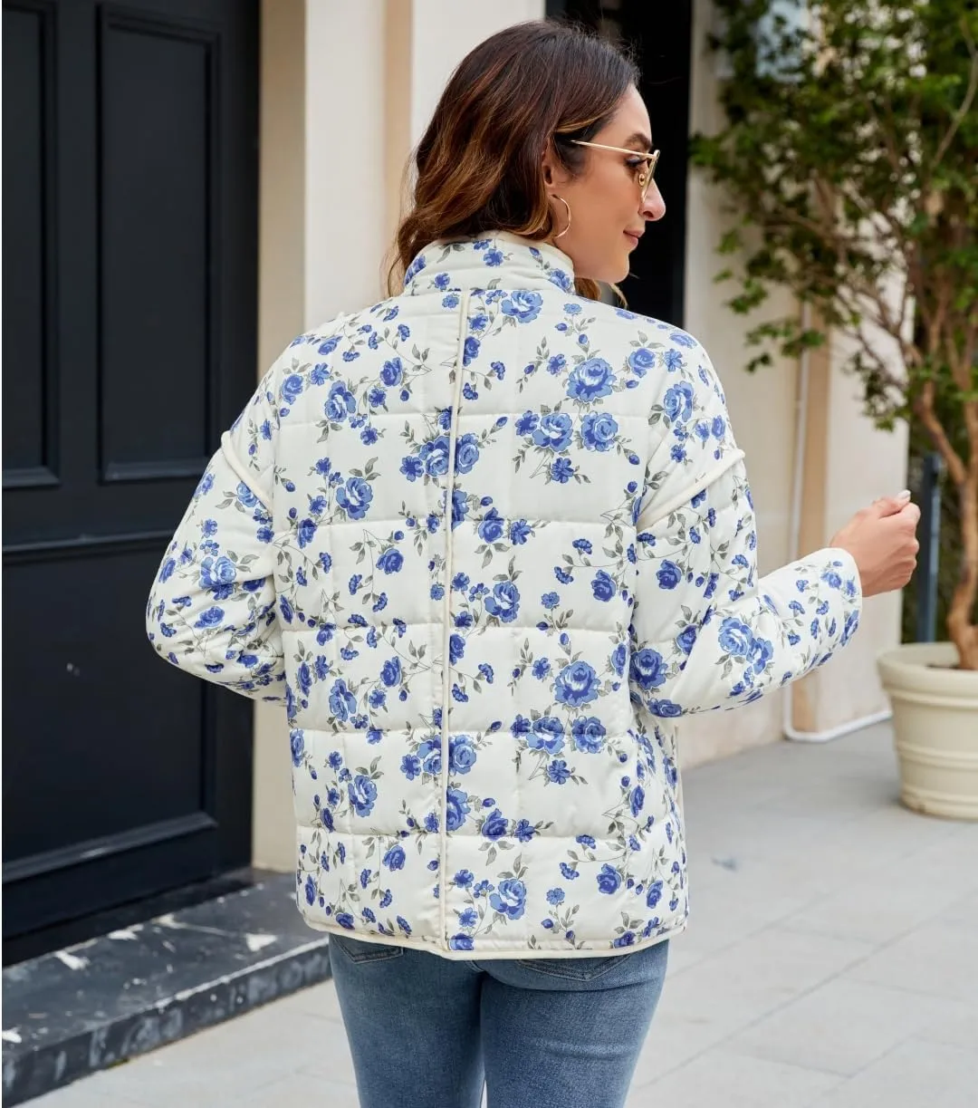 Women's Cropped Floral Quilted Jacket Lightweight Open Front Padded Puffer Coat