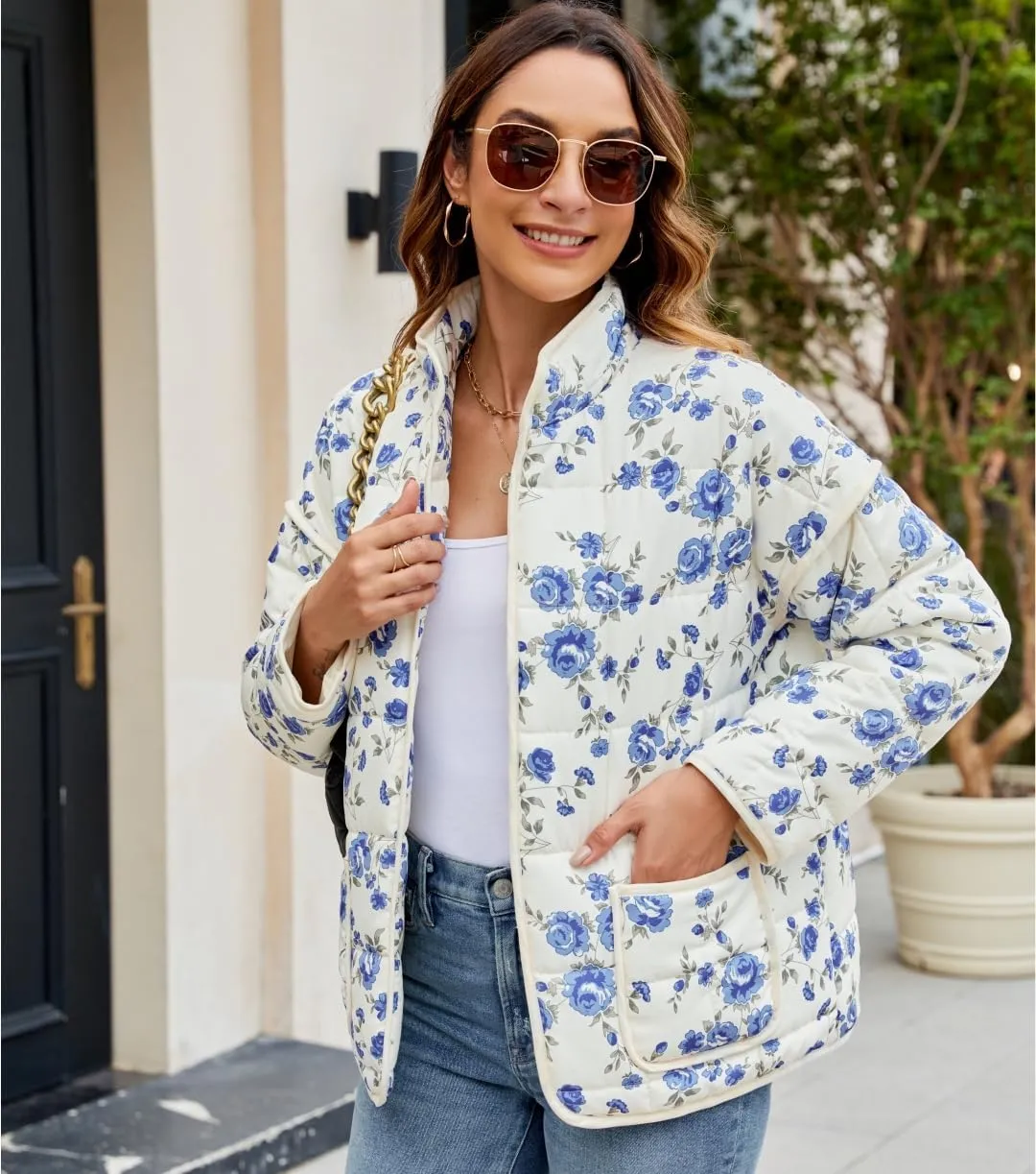 Women's Cropped Floral Quilted Jacket Lightweight Open Front Padded Puffer Coat