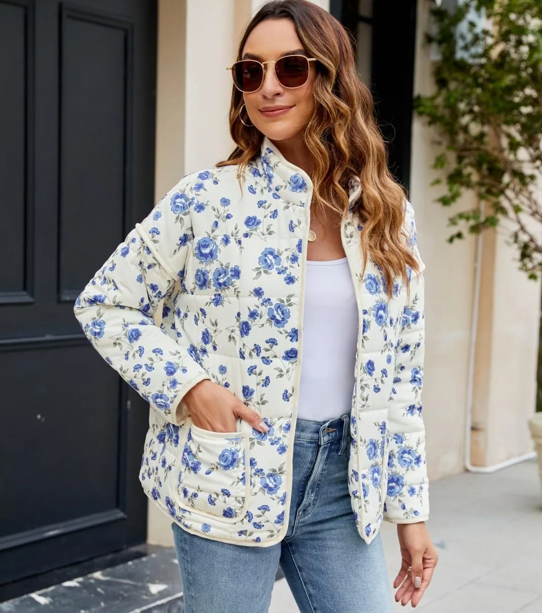 Women's Cropped Floral Quilted Jacket Lightweight Open Front Padded Puffer Coat