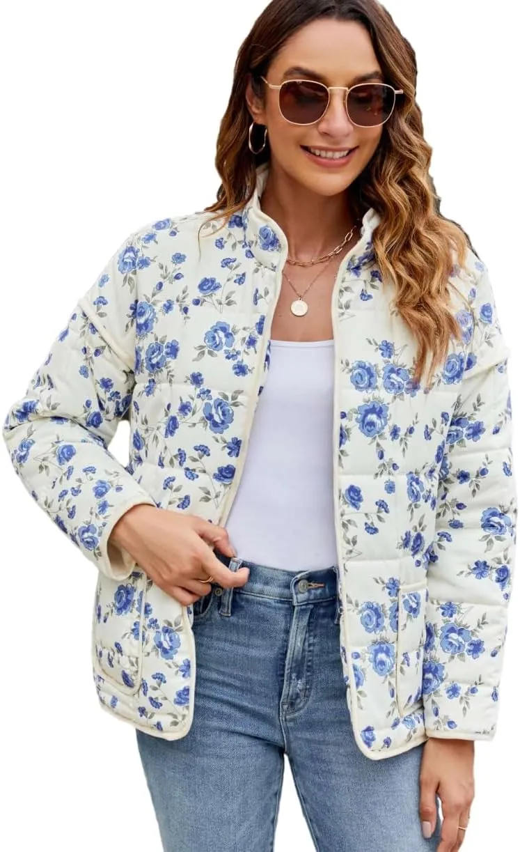 Women's Cropped Floral Quilted Jacket Lightweight Open Front Padded Puffer Coat