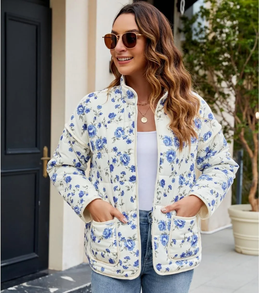 Women's Cropped Floral Quilted Jacket Lightweight Open Front Padded Puffer Coat