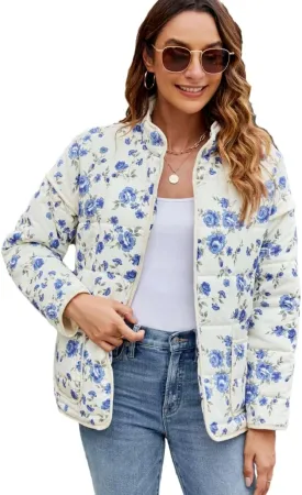Women's Cropped Floral Quilted Jacket Lightweight Open Front Padded Puffer Coat