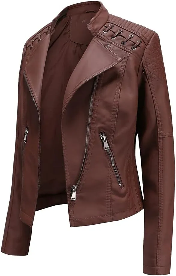 Women's Faux Leather Jackets Motorcycle Plus Size Moto Biker Coat Short Outwear
