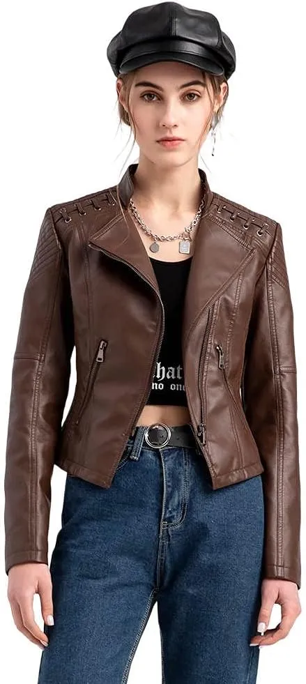 Women's Faux Leather Jackets Motorcycle Plus Size Moto Biker Coat Short Outwear