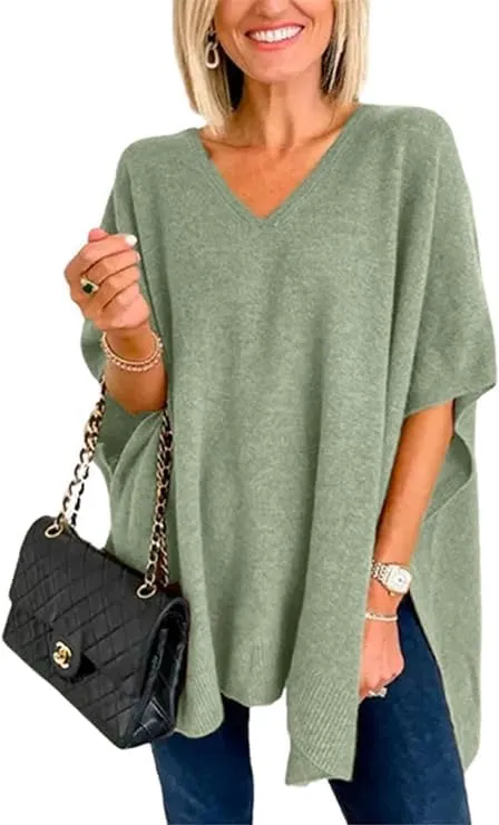 Womens Short Sleeve V Neck Pocho Sweater Fashion Side Slit Sweater Pullover Shawl Loose Fitting Ponchos Wraps Baggy Tops
