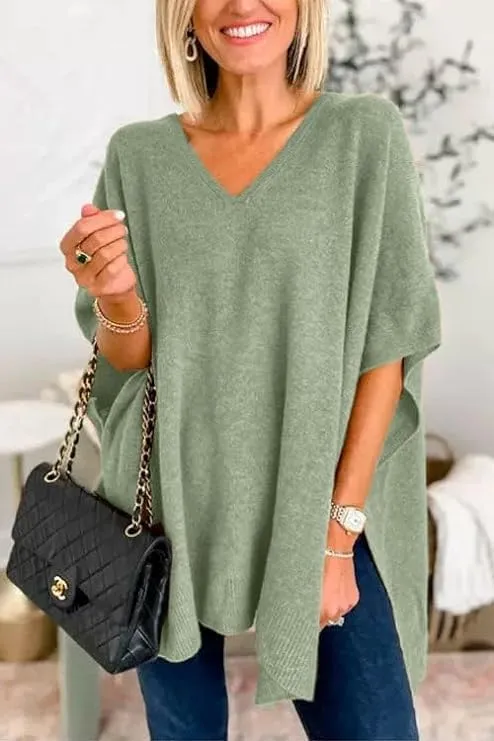 Womens Short Sleeve V Neck Pocho Sweater Fashion Side Slit Sweater Pullover Shawl Loose Fitting Ponchos Wraps Baggy Tops