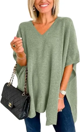 Womens Short Sleeve V Neck Pocho Sweater Fashion Side Slit Sweater Pullover Shawl Loose Fitting Ponchos Wraps Baggy Tops