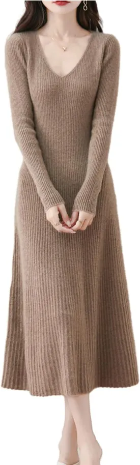 Women's Sweater Dress 100% Merino Wool Pullover Long Sleeve V Neck Knitted Slim Tops