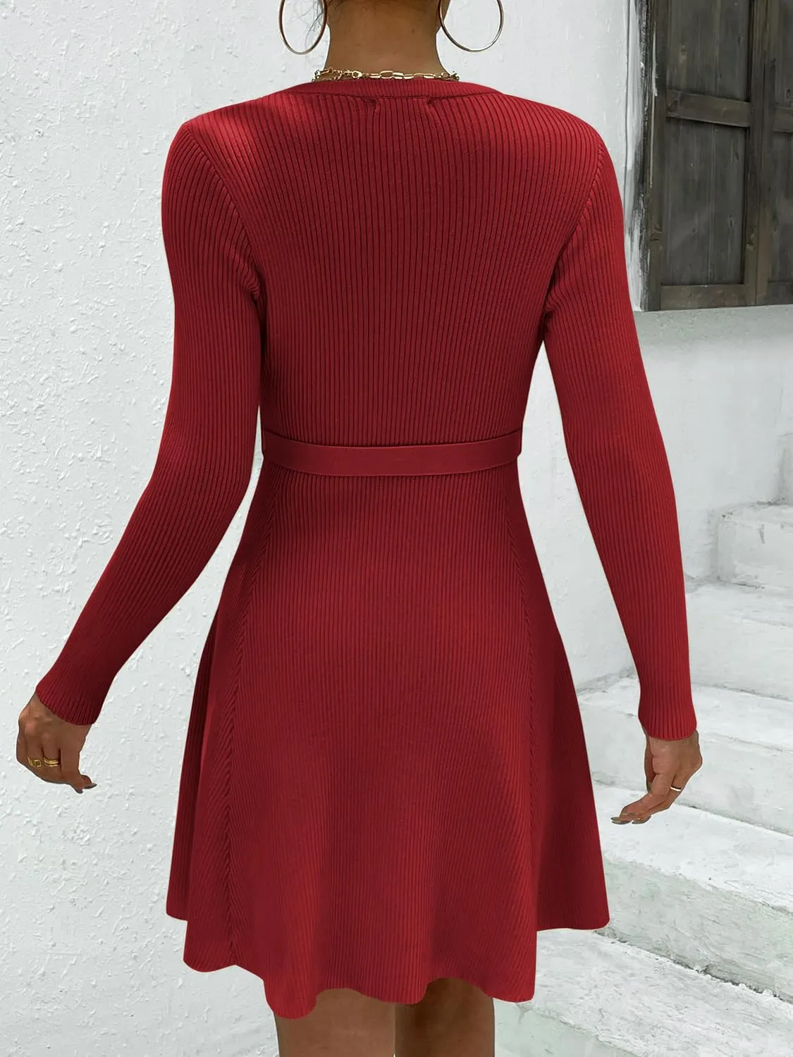 Zeagoo Women's 2024 Casual Dress Crewneck Tie Waist Fall Ribbed Dress with Belt Long Sleeve A Line Flowy Sweater Dress